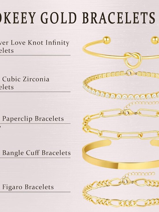 Gold Bracelets Set for Women Non Tarnish, Waterproof 14K Gold Plated Sterling Si - Picture 4 of 6